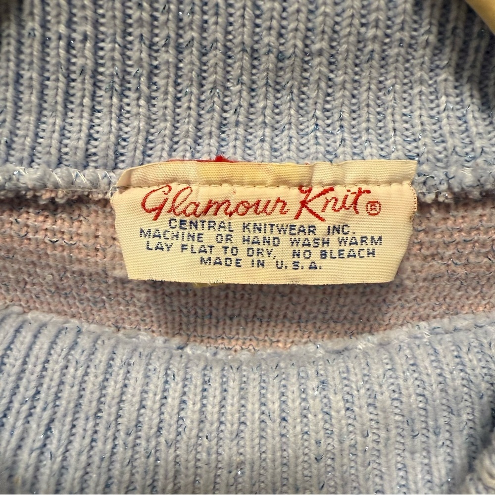 Vtg 80s Light Blue Bird Cherry Blossom Metallic Shimmer Knit Sweater Pastel L/M - Picture 7 of 7